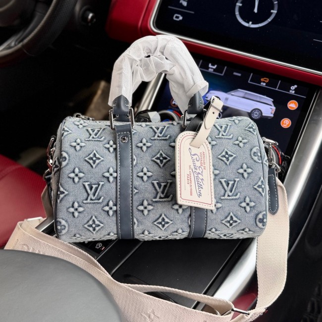 Original Keepall Bandoulière 25 Denim Blue Monogram Embossed Canvas Travel Bag