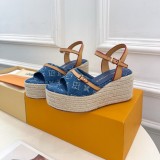 Original Denim Monogram Espadrille Wedge Sandals Women's Platform Heels