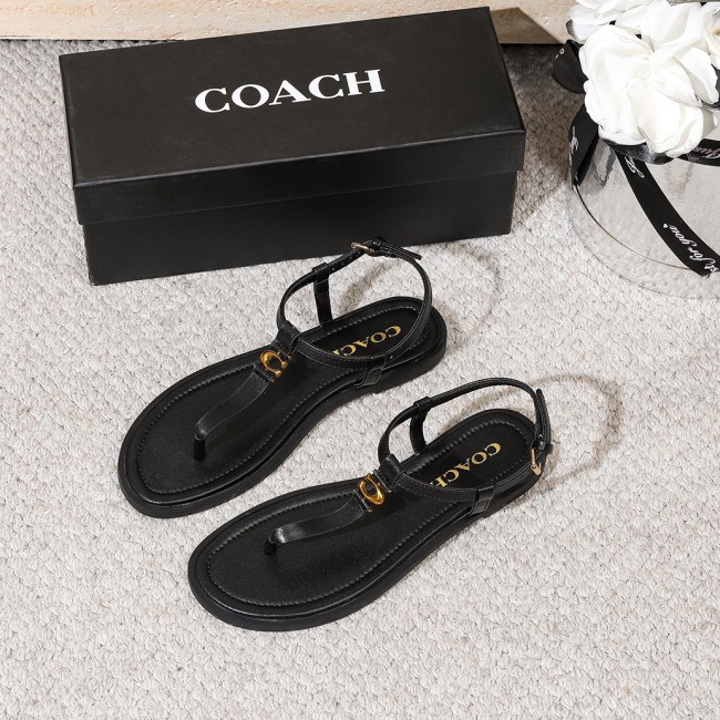 5A Women's Black Leather Thong Sandals
