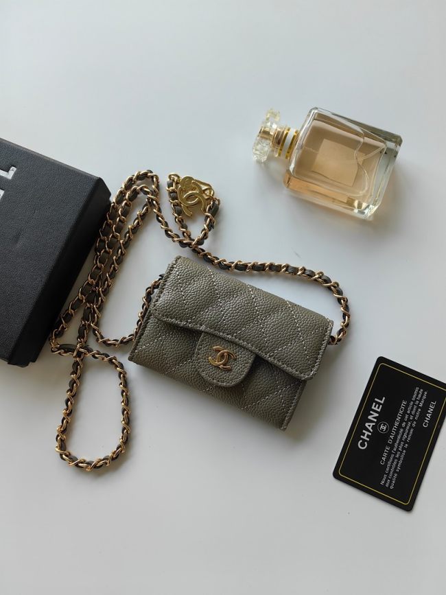 Original A8937 Classic Flap Card Holder On Chain Grey Caviar Gold‑Tone Hardware