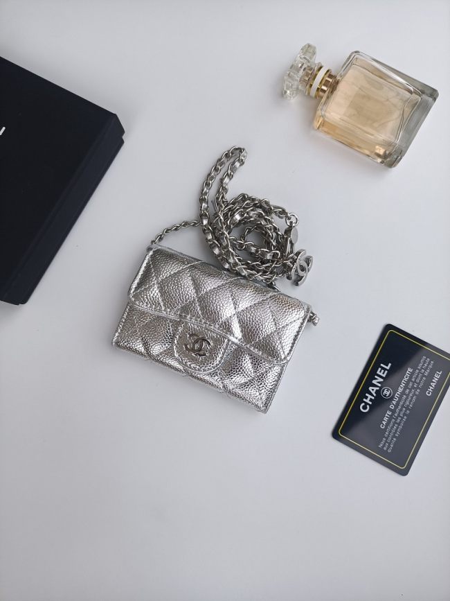 Original A8937 Classic Flap Card Holder On Chain Metallic Silver Caviar Silver‑Tone Hardware