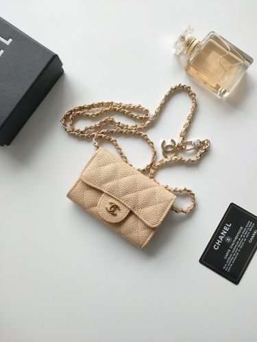Original A8937 Classic Flap Card Holder On Chain Light Beige Caviar Gold‑Tone Hardware