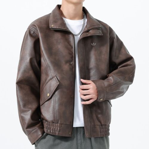 5A Embroidered Logo PU Leather Vintage Jacket Coat