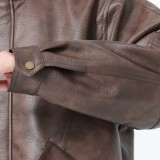 5A Embroidered Logo PU Leather Vintage Jacket Coat