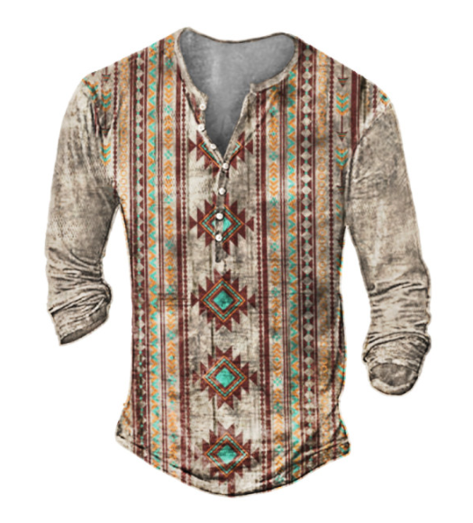 Men's Western Ethnic Aztec Graphic Henry Shirt (3)