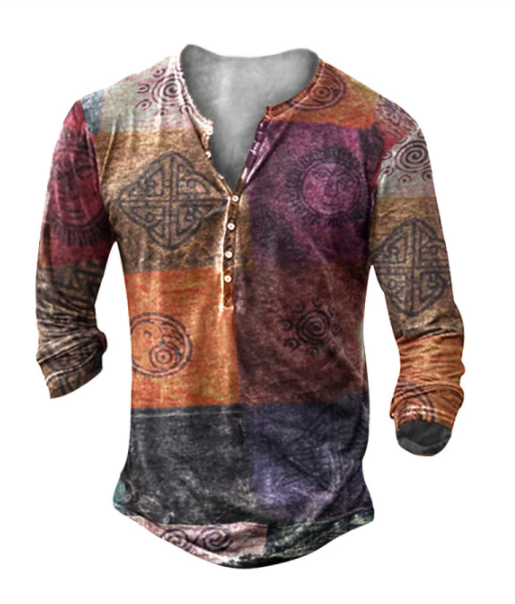 Men's Ethnic Totem Stitching Henry Button Long Sleeve Shirt