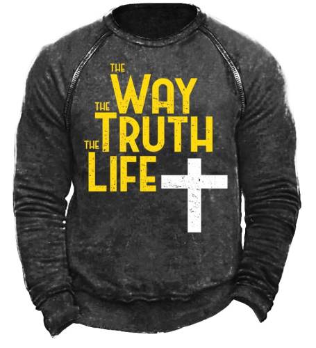 Way Truth Life Jesus Cross Men's Outdoor Retro Casual Print Pullover Sweatshirt