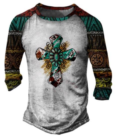 Men's Outdoor Western Aztec Cross Print Long Sleeve T-Shirt