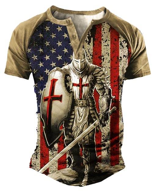American Flag Templar Jesus Cross Vintage Print Henley T-Shirt