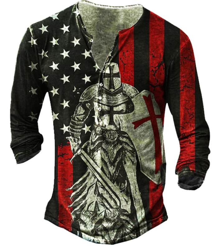 Crusader American Flag Men's Vintage Henley Button Long Sleeve Shirt