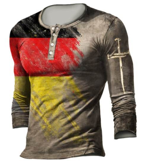 Men's Outdoor German Flag Cross Retro Print Tactical Casual Henley Shirt