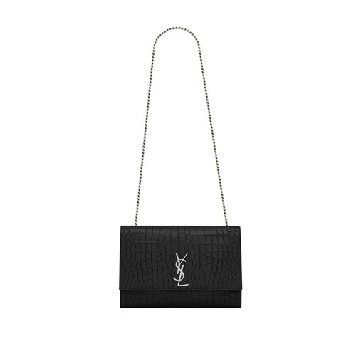 Saint Laurent Large Kate Chain Bag In Black Crocodile Embossed L