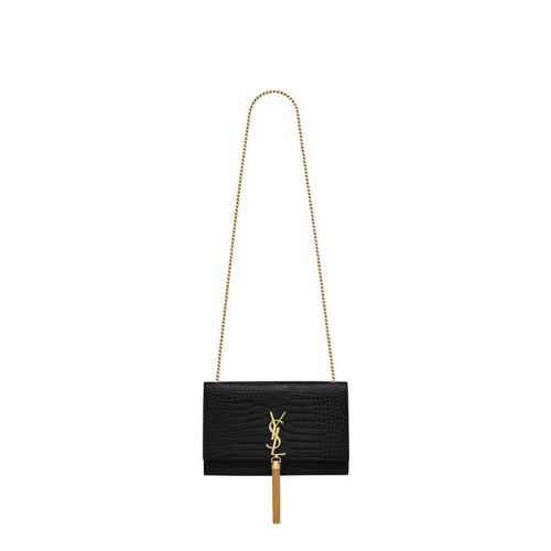 Saint Laurent Medium Kate Tassel Chain Bag In Black Crocodile Em