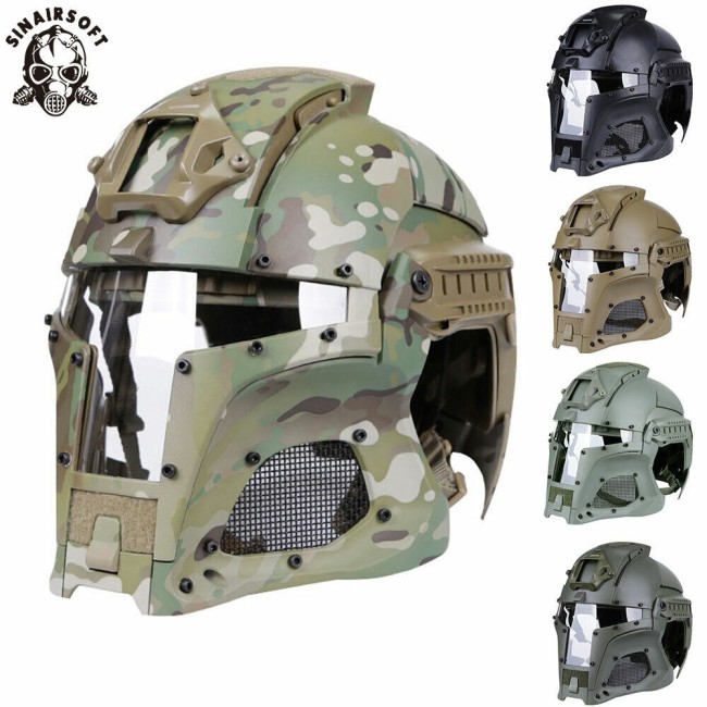 SINAIRSOFTTactical Helmet Tracer Airsoft Full Face Adjustable Size With Visor Goggles Cosplay Middle Age Mask