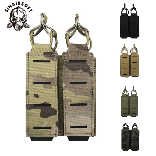 SINAIRSOFT Tactical Double Pistol MAG Pouch 9mm Magazine Holder For Belt MOLLE Laser Cut Elastic Bungee Cord Retention Hunting
