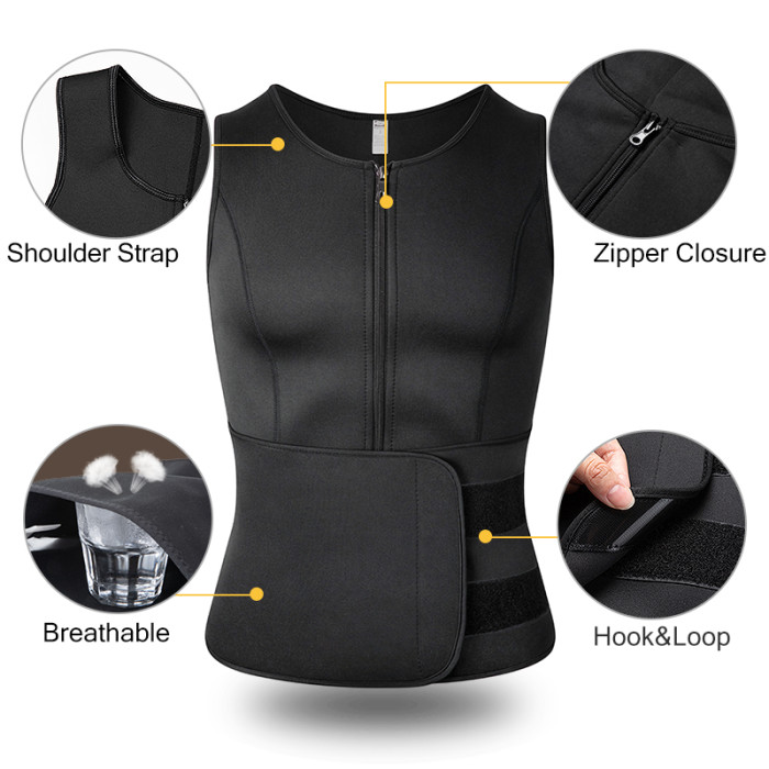 Wholesale Neoprene Men's Shapers Sweat Vest Waist Trainer Zipper for Sauna Suit