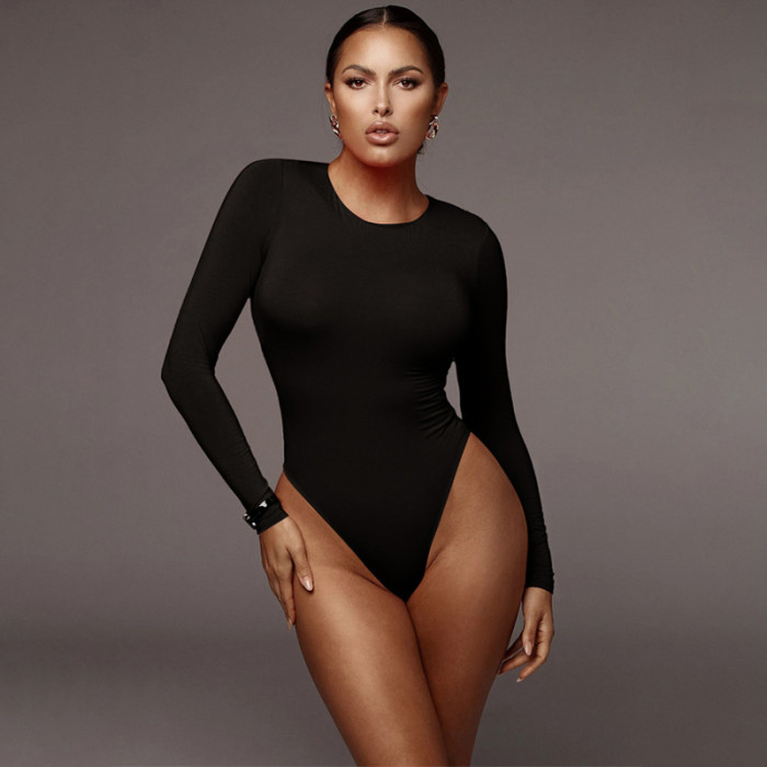 Slimming Long Sleevea Solid Color Bodysuit Thong Underwear