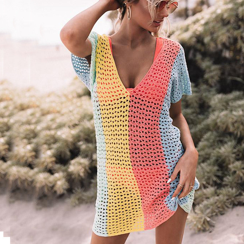 Wholesale Knitted Beach Bikini Cover Up Colorblock Cutout 2022