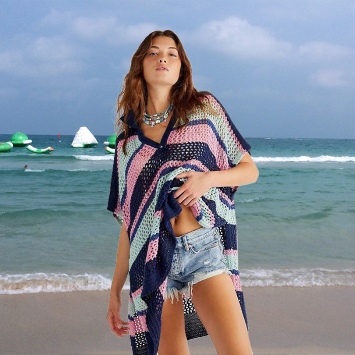 Wholesale Half Sleeves Beach Bikini Cover Up Irregular Splicing Color 2022