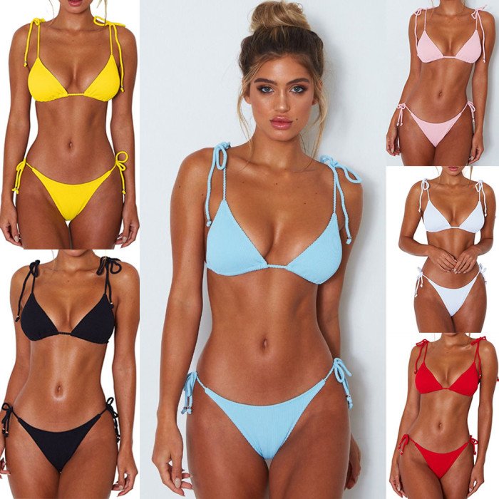 Women Summer Solid Ribbed Micro Bikini Triangle Swimwear Lace Up Thong Set