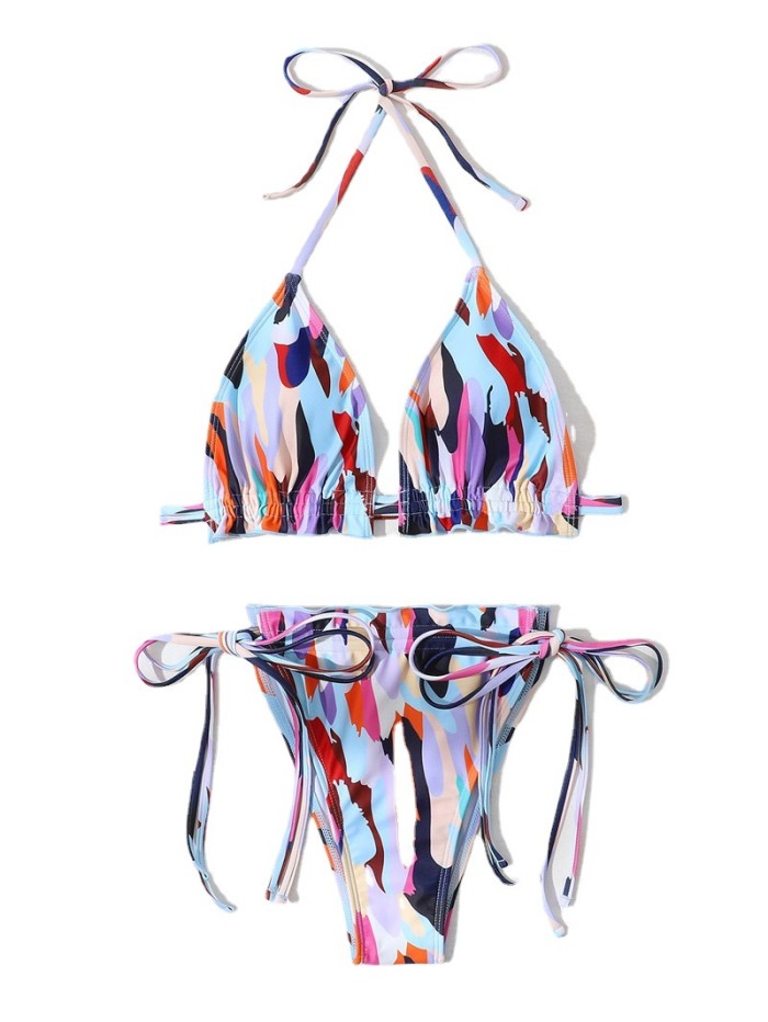 Wholesale Printed Lace-Up Halter String Bikini Set Triangle 2022