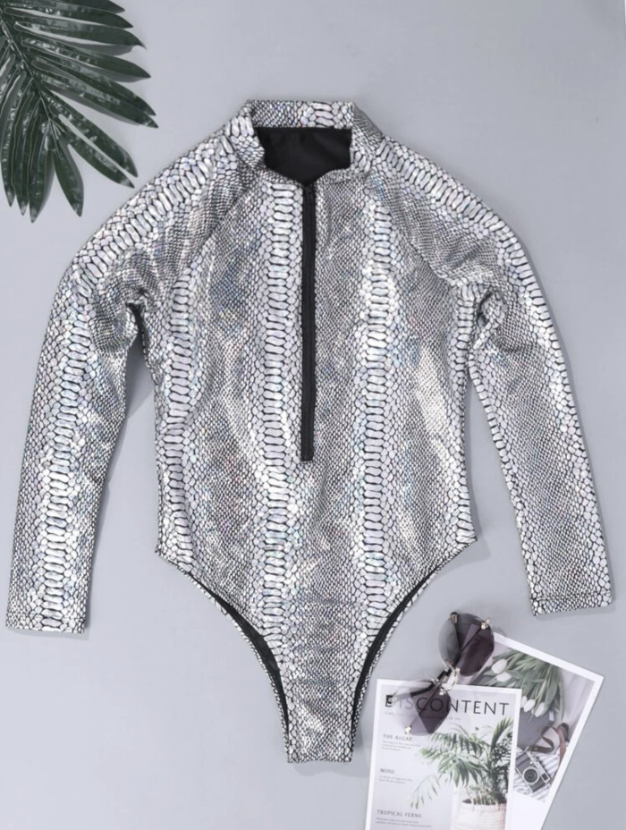 Wholesale Snake Print One Piece Swimsuit Zipper High Cut Leg 2022