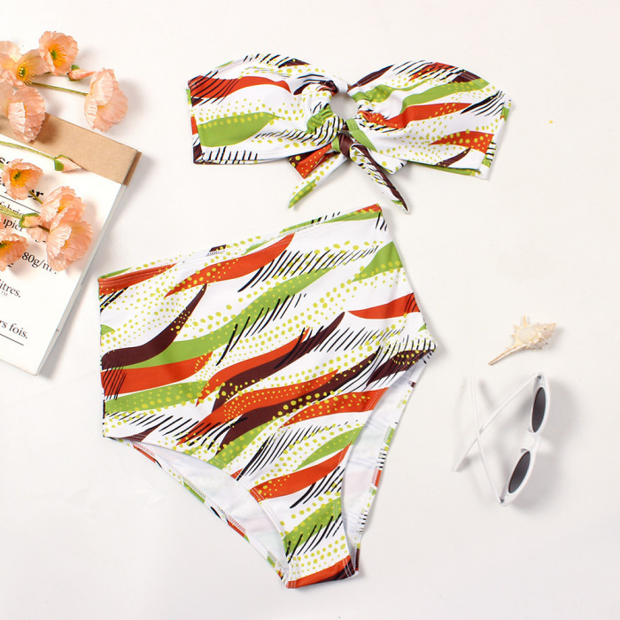 Wholesale Pleated High Waist Bating Suit Bandeau Ring Floral 2022