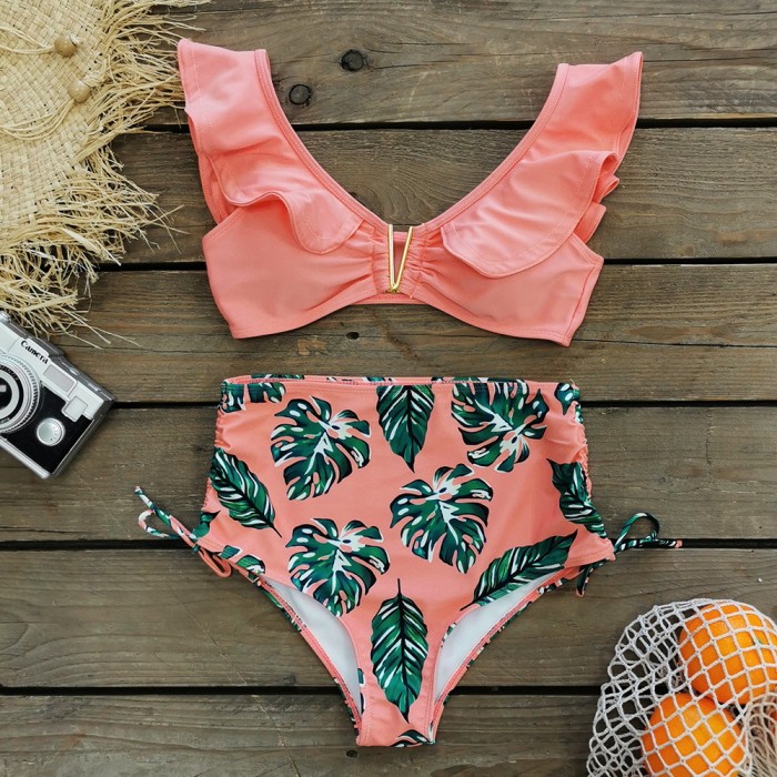 Wholesale High-Rise Ruffled Bikini Set Drawstring Print 2022