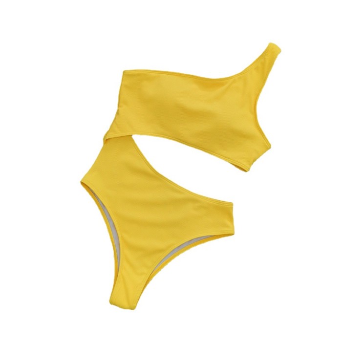 Wholesale Single Shoulder One Piece Swimsuit Solid Yellow Cutout 2022