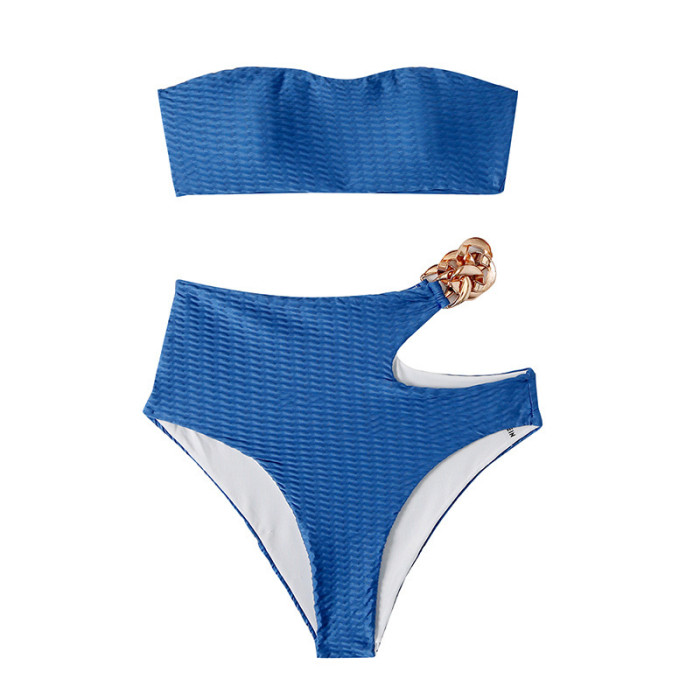 Wholesale Bandeau Top Cutout Bikini Set Blue High Rise 2022 New