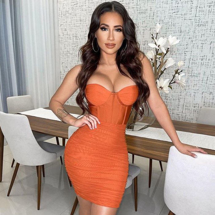 2022 New Design Mesh Pleated Backless Sexy LaceTrendy Bodycon Party Dress