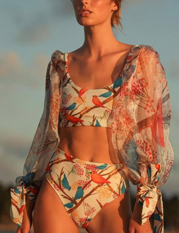 Wholesale High Waist Pattern Bikini Set Mesh Long Sleeve 2022