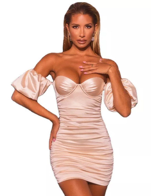 2022 New Design Pleated High Elastic Satin Fashion Lantern Sleeve Short Skirt Women Bodycon Dress