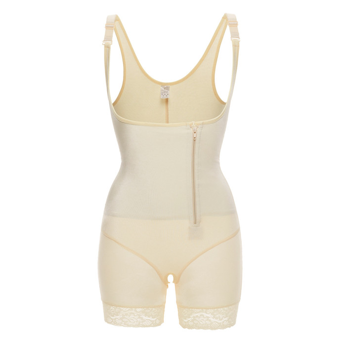 Firm Tummy Compression Bodysuit Mid Thigh Lace Hem Booty Lift