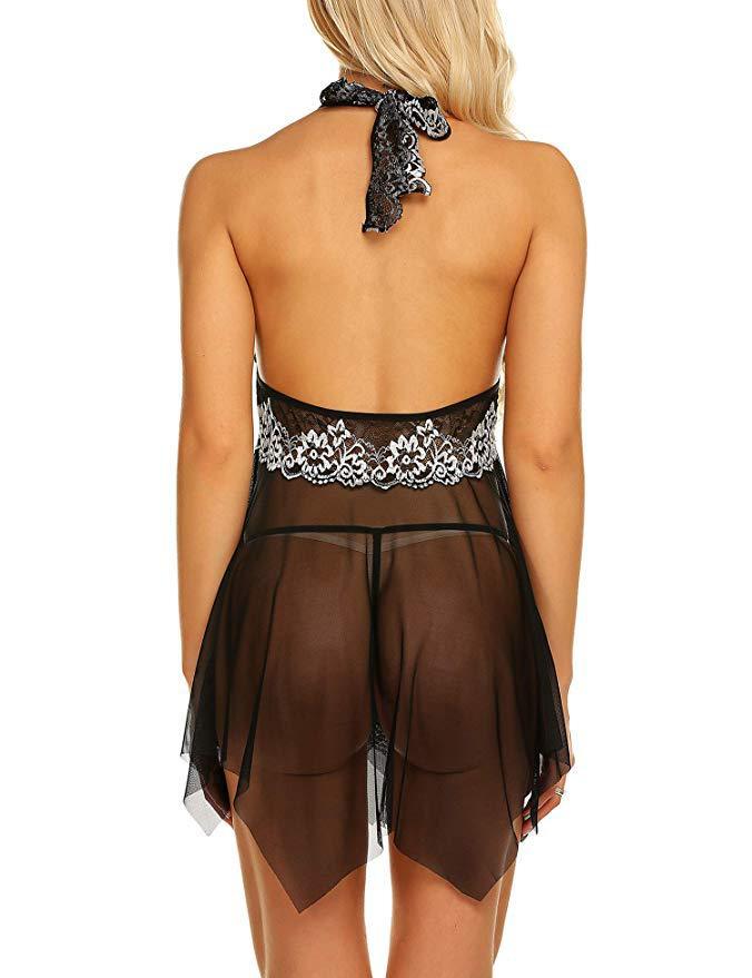 Ladies Lace Blackless Sleepwear Babydoll Halter G String Lingerie Sets