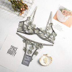 Wholesale Flower Applique Bralette Push Up Thong Mesh Lingerie