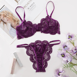 Girls Translucent Lace Push Bra Lingerie Set Embroidered Thong