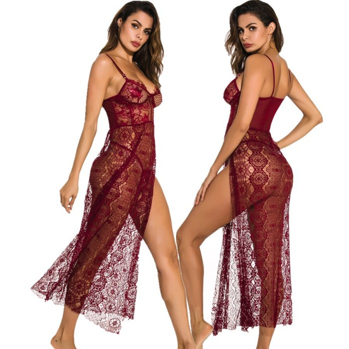 Comfortable Transparent Lingerie Dress Slit High Leg and Lace Thongs
