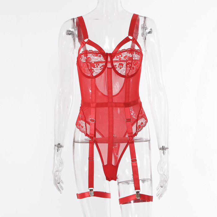 Ladies Lace Mesh See Through Teddies Lingerie wtih Suspender Belt