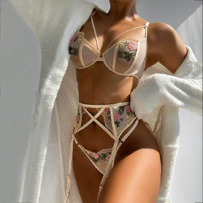 Ladies Mesh Lace Half Cup Bra G-String Lingerie Set Suspender Belt