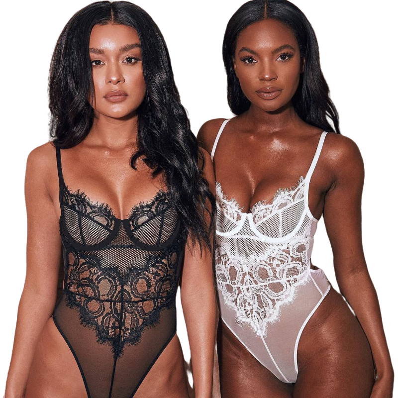 Sexy Lingerie Bodysuits Eyelash Lace Hollow Mesh Support Bra