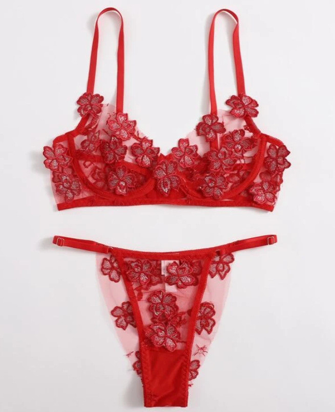 Wholesale Flower Applique Bralette Push Up Thong Mesh Lingerie