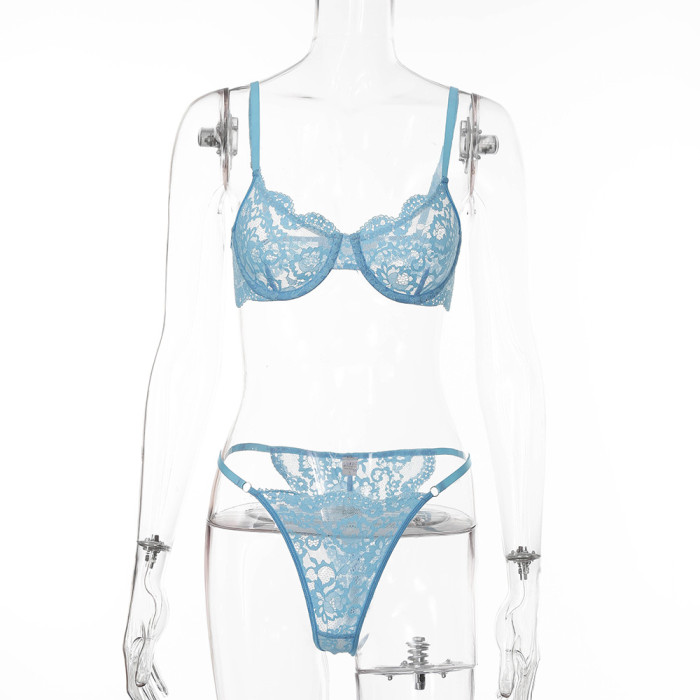 Girls Translucent Lace Push Bra Lingerie Set Embroidered Thong