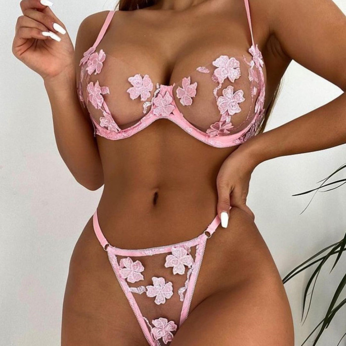 Wholesale Flower Applique Bralette Push Up Thong Mesh Lingerie