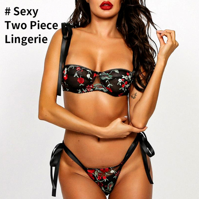 Skin Friendly Lace Embroidery Bra Underwear Set Satin Ties