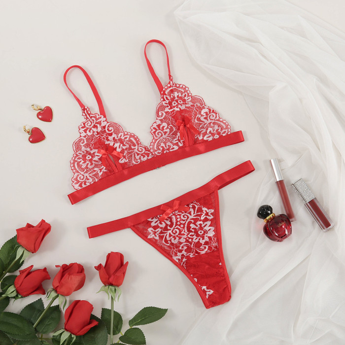 Soft Red Embroidery Lace Bralette Set Lingerie with Thong Bow