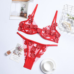 Wholesale Flower Applique Bralette Push Up Thong Mesh Lingerie