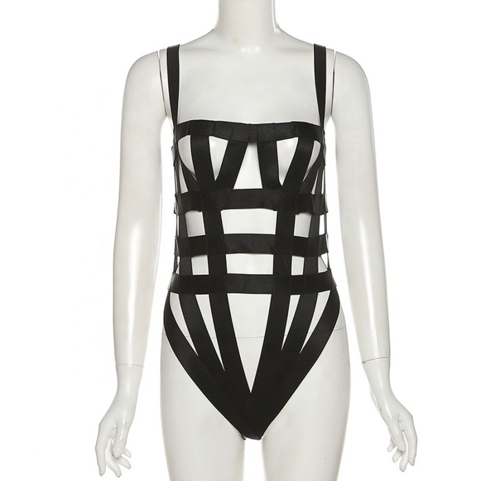 Wholesale Black Strappy Hollow Out Bodysuits Lingerie for Women