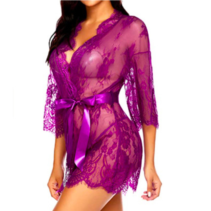 Wholesale Open Eyelash Lace Babydolls Lingeries with Satin Belt