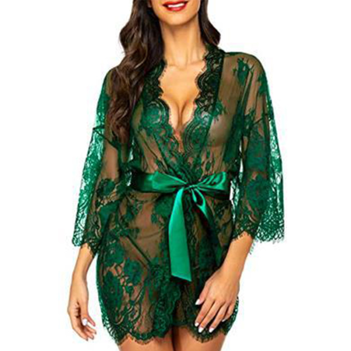 Wholesale Open Eyelash Lace Babydolls Lingeries with Satin Belt